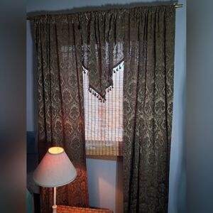 4 Set Croscill Brown Damask Curtain Panel Set with Scalloped Valance